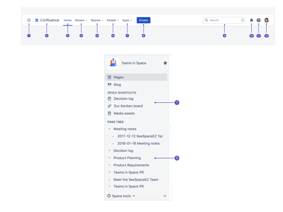 A screenshot of Confluence’s main navigation bar and Confluence’s space settings.